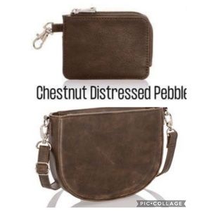 Thirty-one Chestnut Distressed Pebble Half Moon Crossbody + Card Wallet NWT